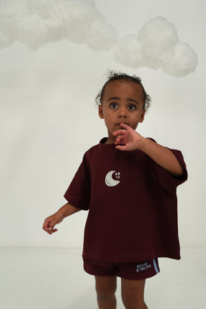 Billie & the Fox To The Moon Tee — burgundy kids organic cotton graphic tee, ages 6 months to 6 years