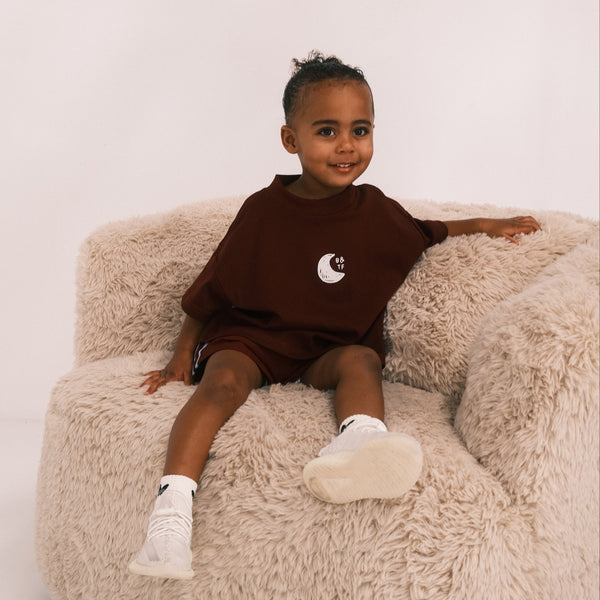 Billie & the Fox To The Moon Tee — burgundy kids organic cotton graphic tee, ages 6 months to 6 years