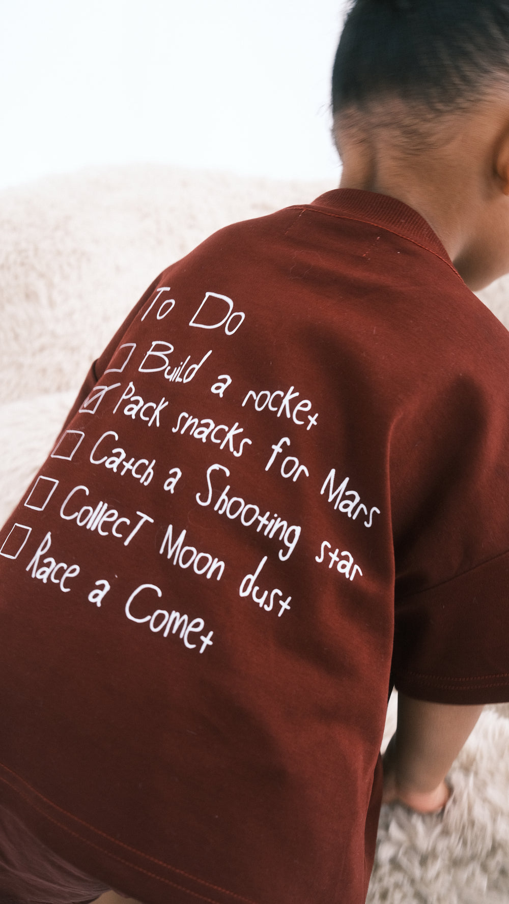 Billie & the Fox To The Moon Tee — burgundy kids organic cotton graphic tee, ages 6 months to 6 years