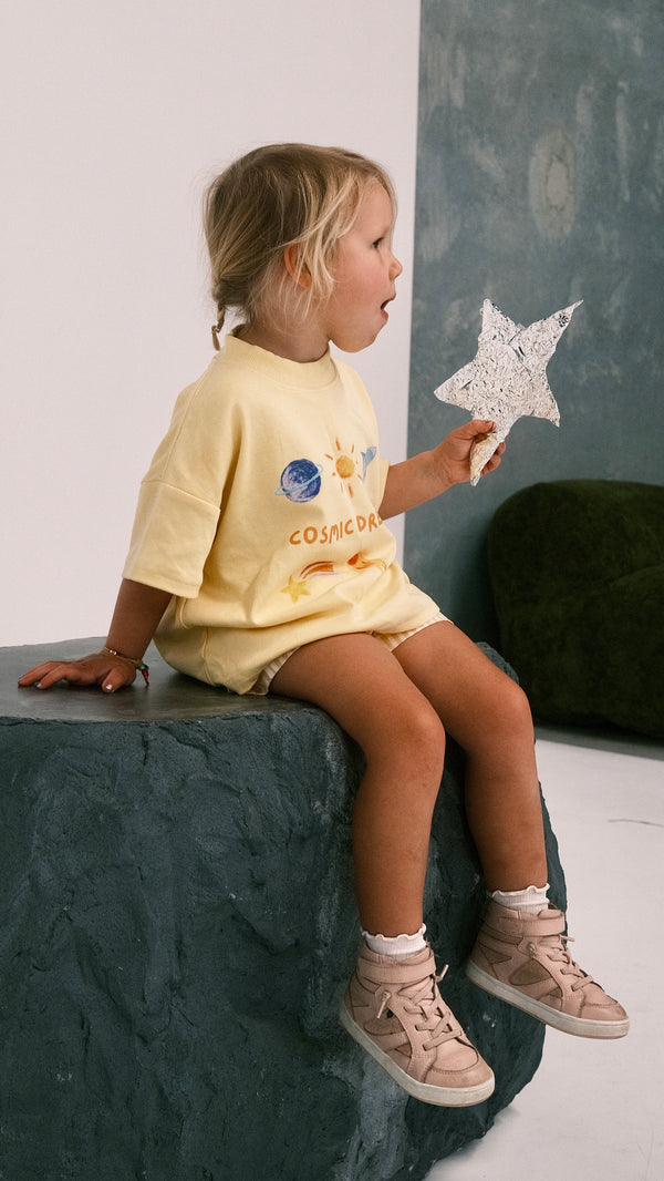 Billie & the Fox Dreamer Tee — yellow kids organic cotton graphic tee, ages 6 months to 6 years