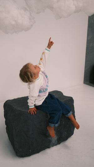 Billie & the Fox Stardust Tee — white kids organic cotton graphic tee with stars & moons, ages 6 months to 6 years