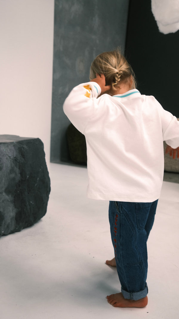 Billie & the Fox Stardust Tee — white kids organic cotton graphic tee with stars & moons, ages 6 months to 6 years