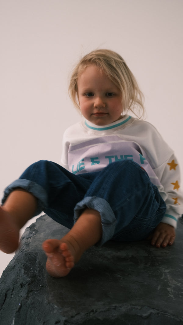 Billie & the Fox Stardust Tee — white kids organic cotton graphic tee with stars & moons, ages 6 months to 6 years