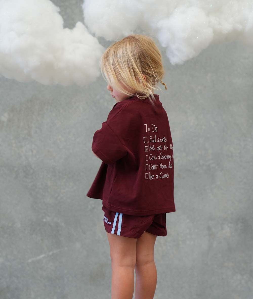 Billie & the Fox Ruby Skies Short — burgundy kids shorts, ages 6 months to 6 years