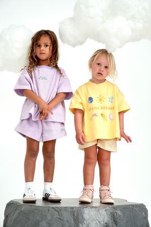 Billie & the Fox Dreamer Tee & Supernova Terry Set  — yellow kids organic cotton graphic tee, & our 100% organic cotton terry set in lilac. Ages 6 months to 6 years