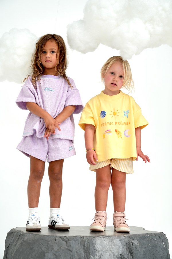 Billie & the Fox Dreamer Tee & Supernova Terry Set  — yellow kids organic cotton graphic tee, & our 100% organic cotton terry set in lilac. Ages 6 months to 6 years